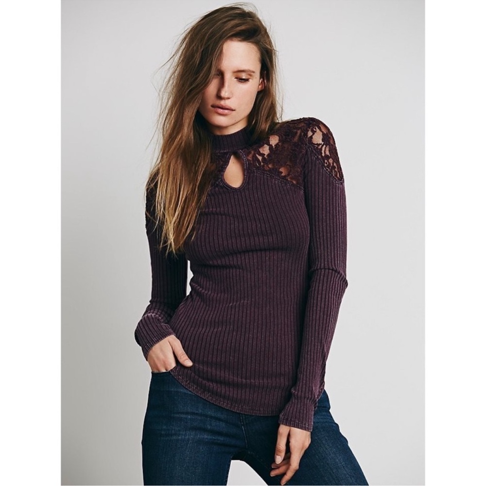 Free People Prudence Mock Neck Lace Inset Keyhole vintage washed Long Sleeve top